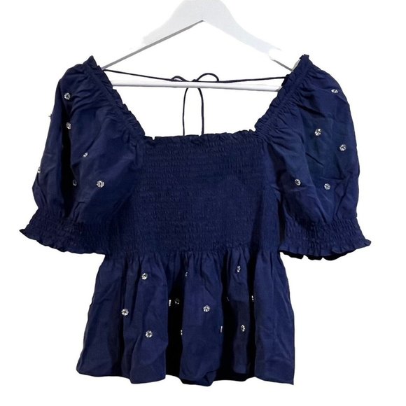 Hill House Tops - Hill House Smocked Peplum Cropped Top Rhinestone Lyocell Puff S/S Navy Size L